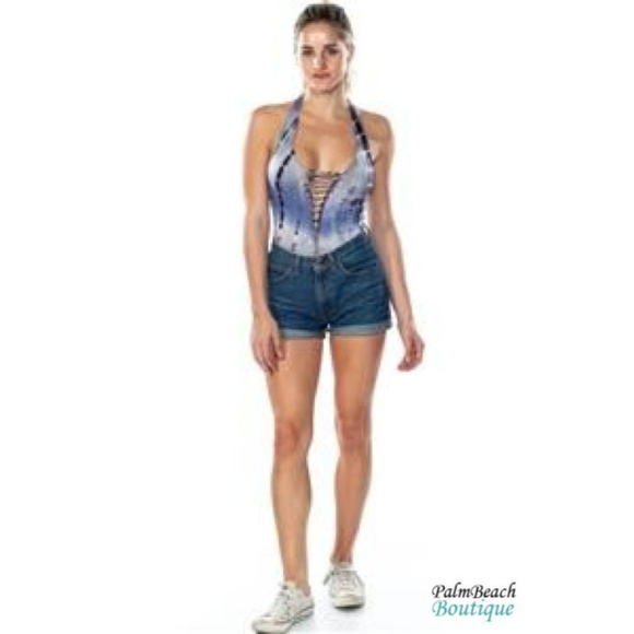 Boho Blue Halter Tie Dye Ladder-cutout Bodysuit - Picture 3 of 5